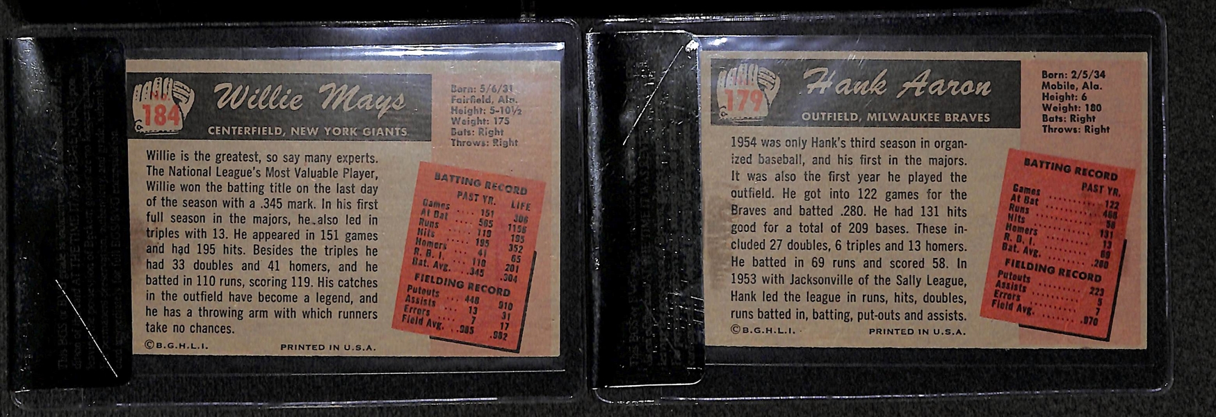 Lot of 2 - 1955 Bowman Willie Mays #184 BVG 3.0 & Hank Aaron #179 BVG 2.5
